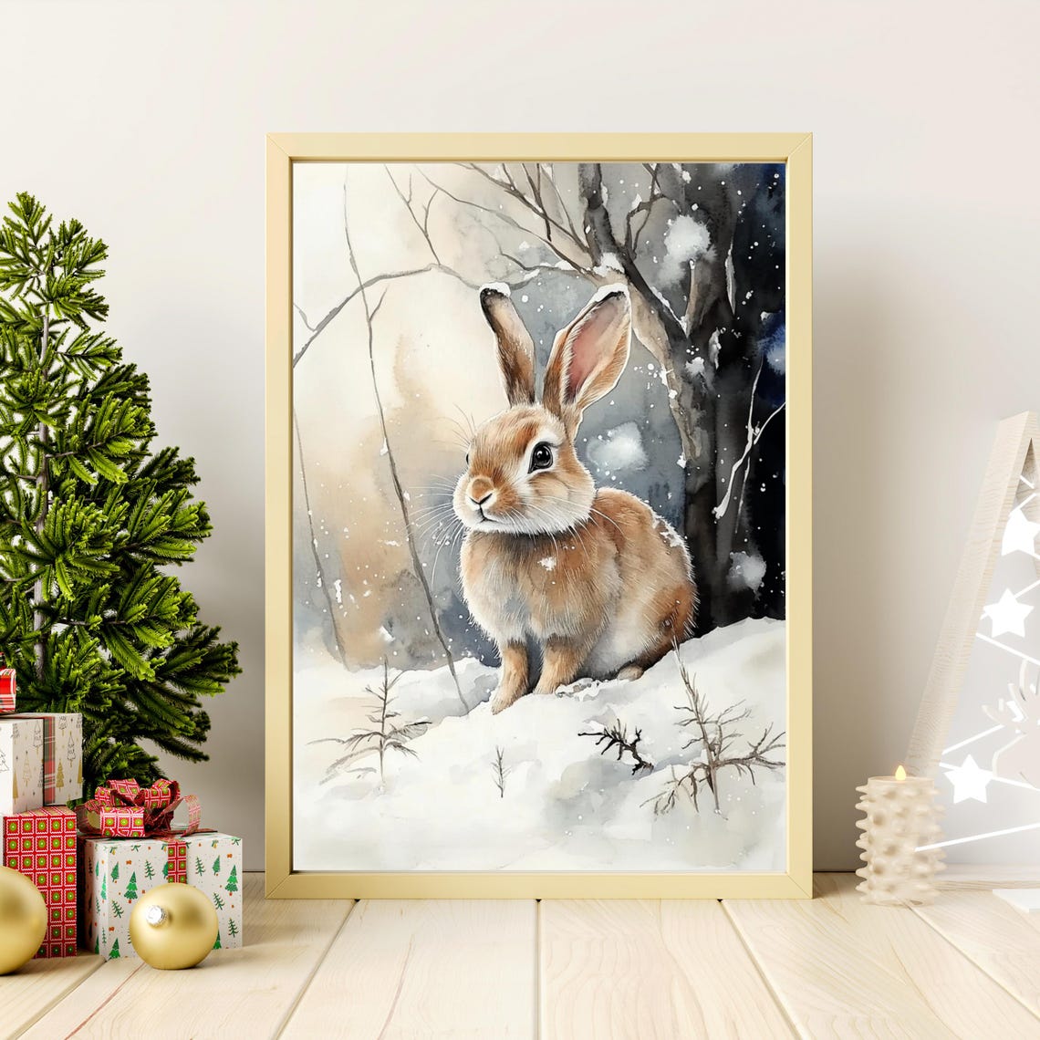 Winter Bunny Rabbit In Snowy Forest Rustic Watercolor Portrait Poster - Image 2