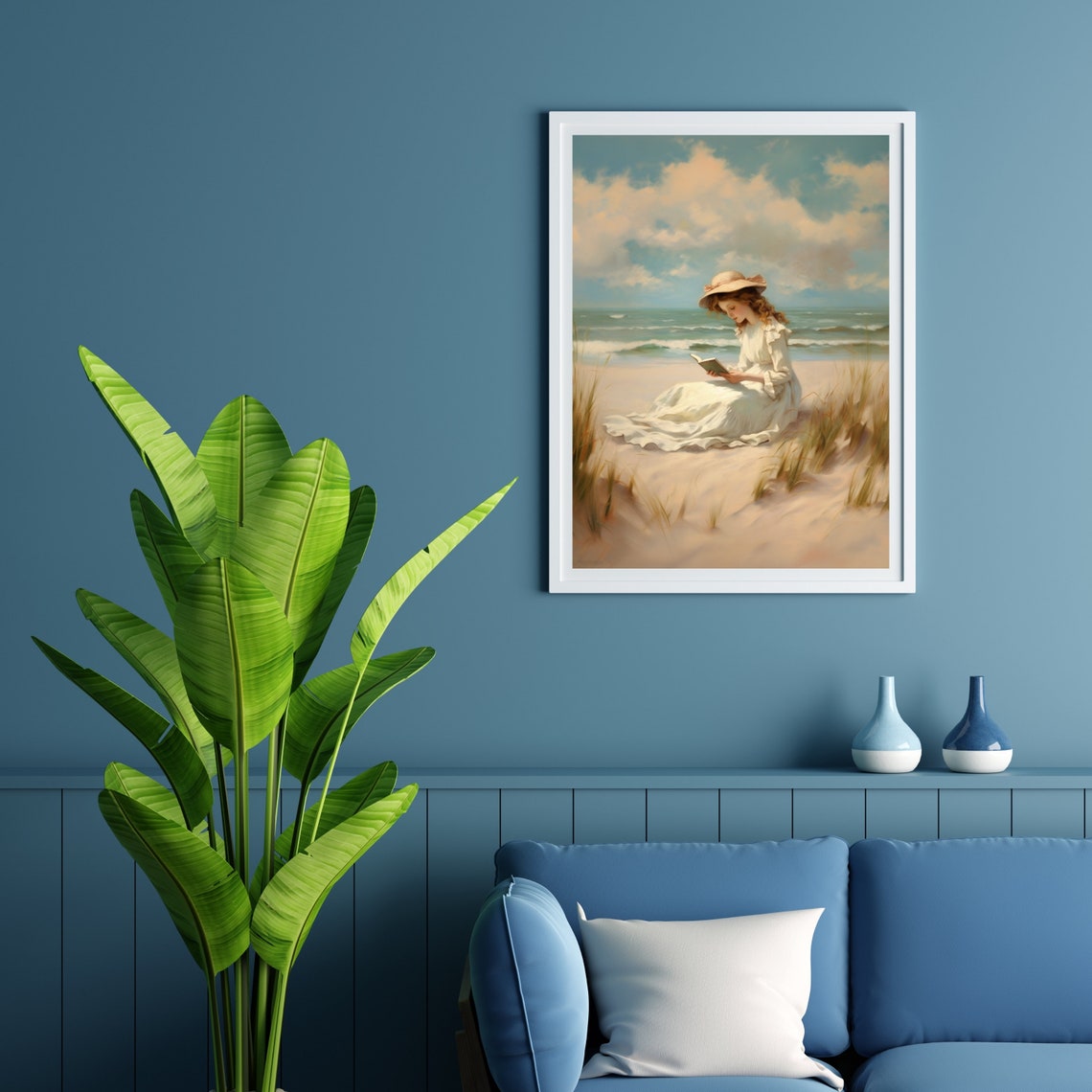 Woman Reading A Book On A Sunny Beach In White Dress Art Poster - Image 4