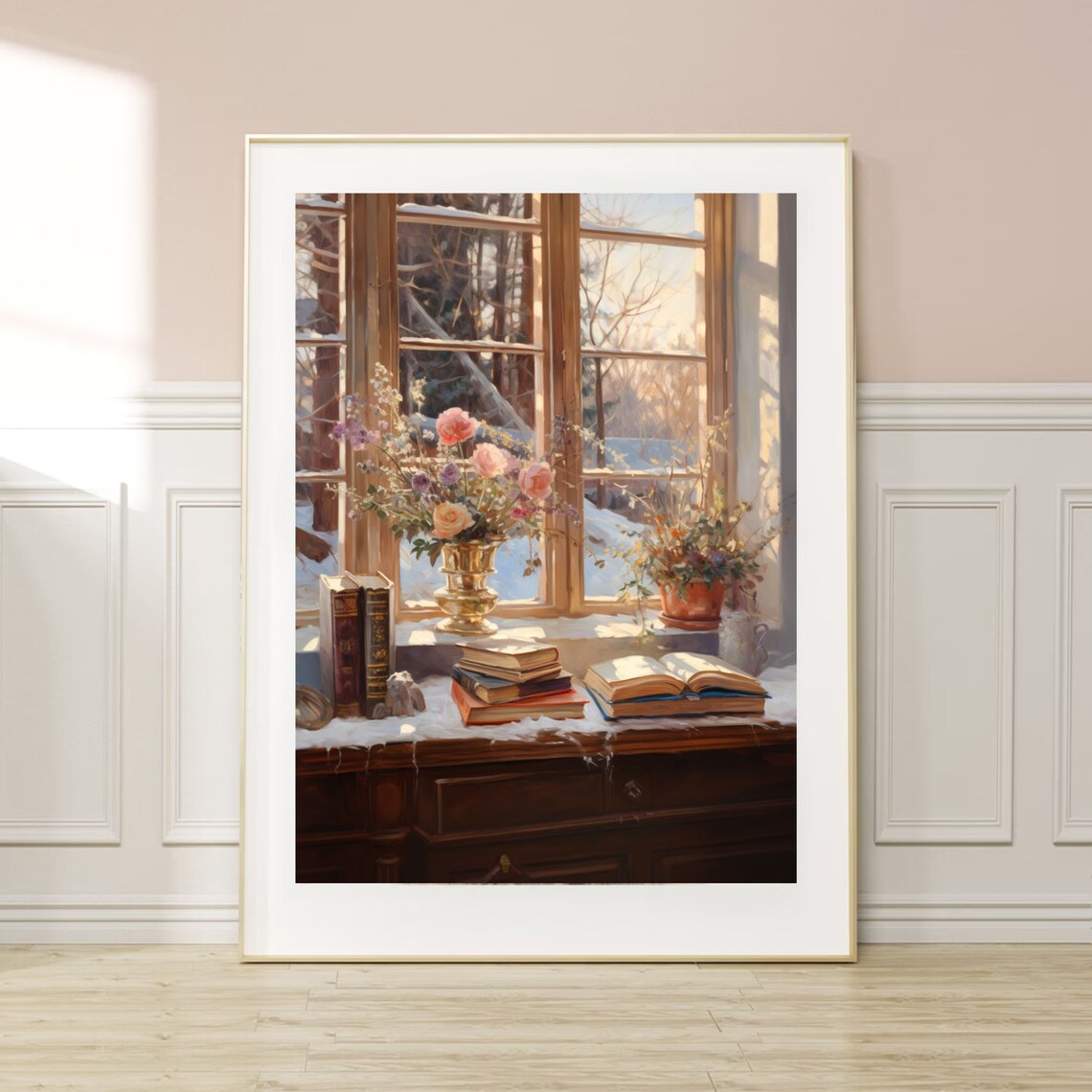 Winter Window Still Life With Books And Flowers Snowy Scene Poster - Image 4