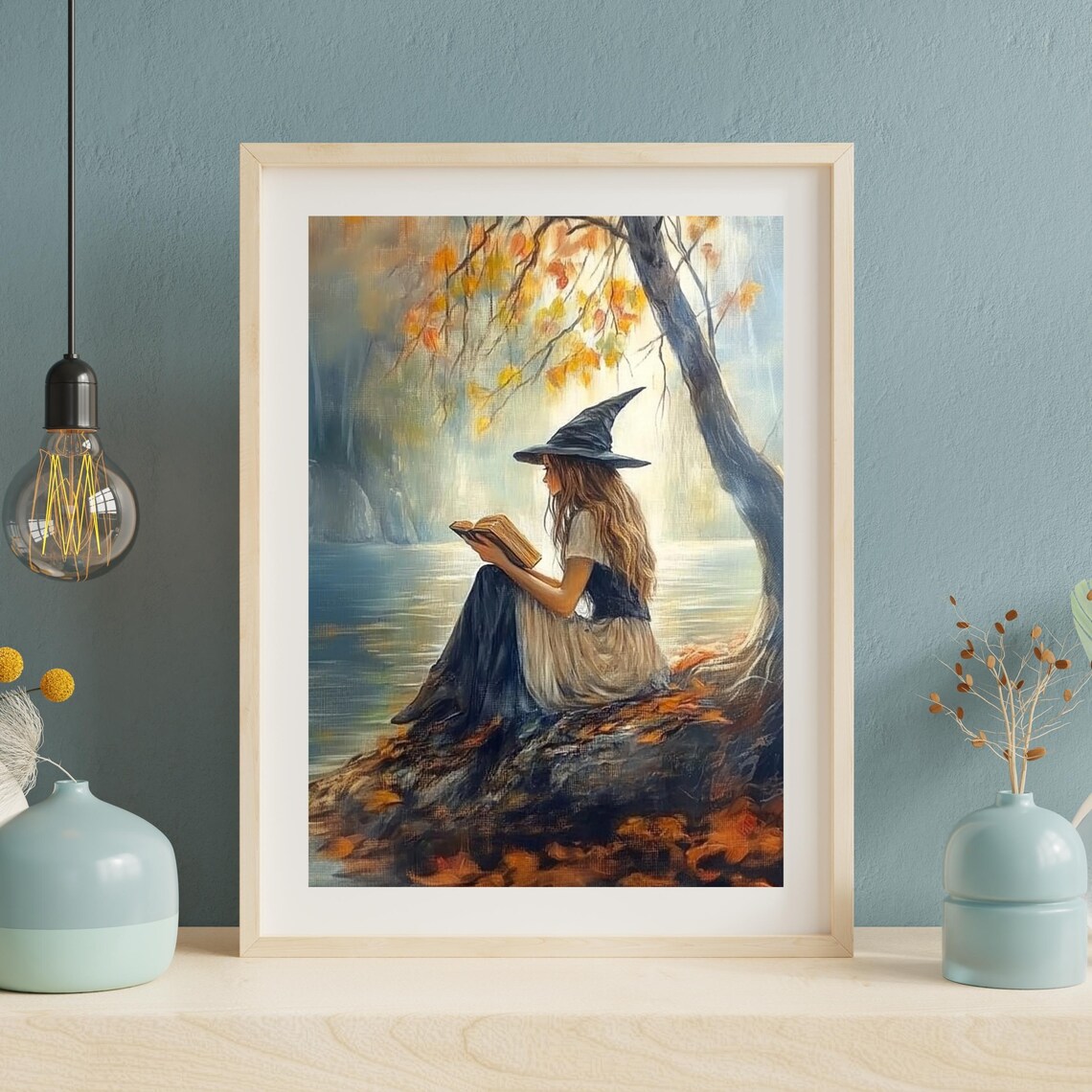 Witch Reading Book By Autumn Lake Vintage Halloween Cottagecore Art Print - Image 3