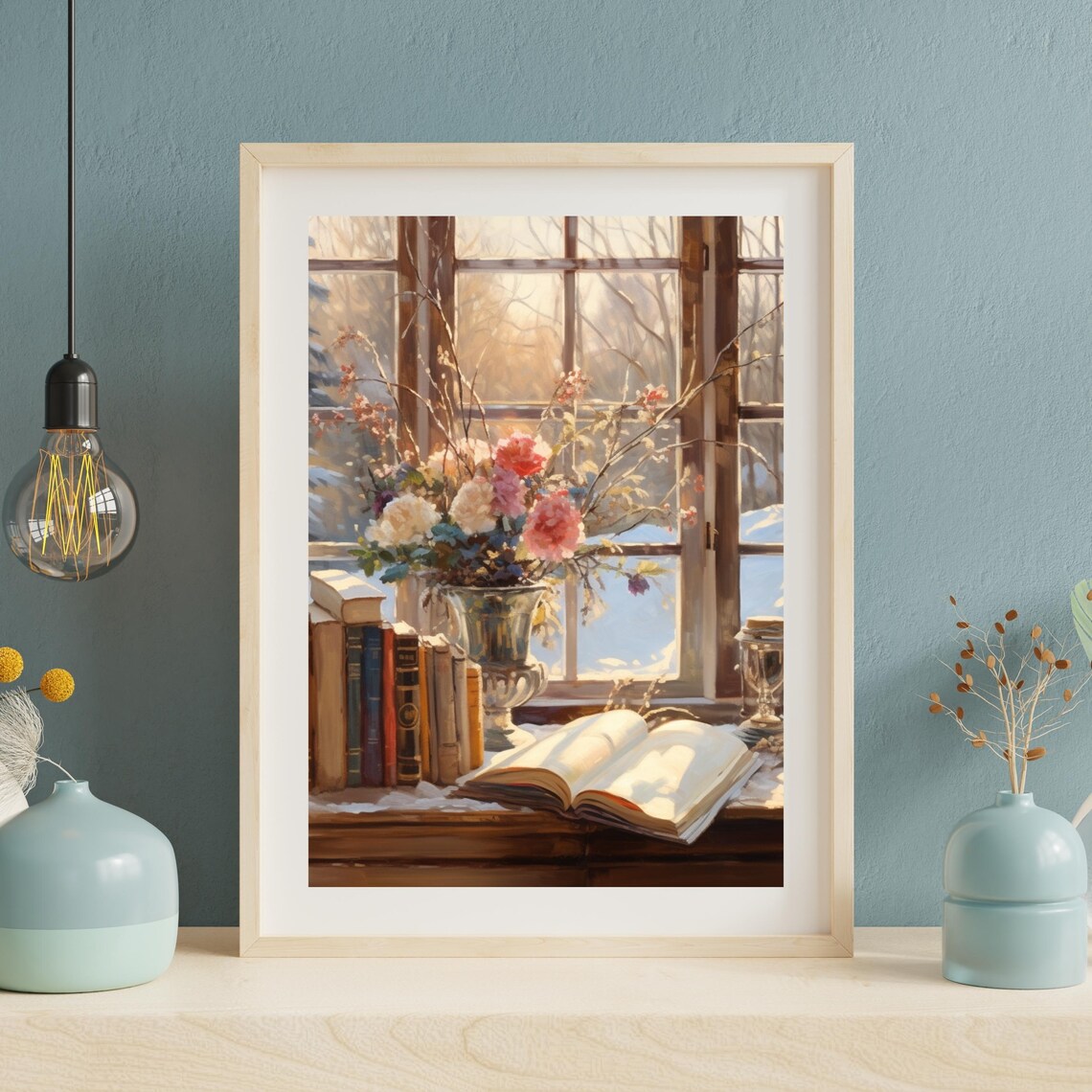 Winter Window Still Life with Books and Flowers Painting Poster - Image 3