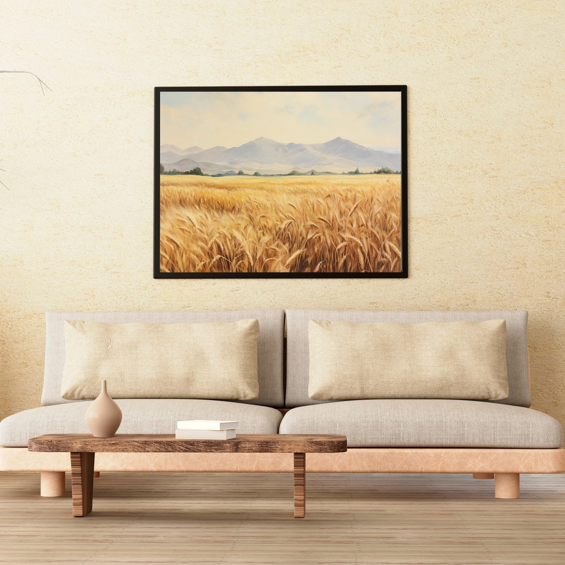 Golden Wheat Field With Mountains Farmhouse Landscape Poster - Image 2