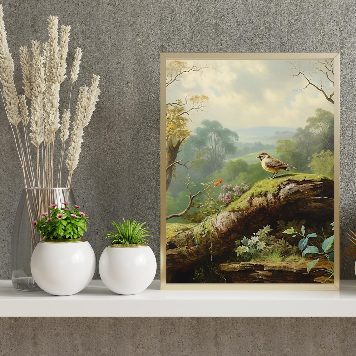 Songbird On Mossy Log Lush Green Forest Valley Painting Poster - Image 2