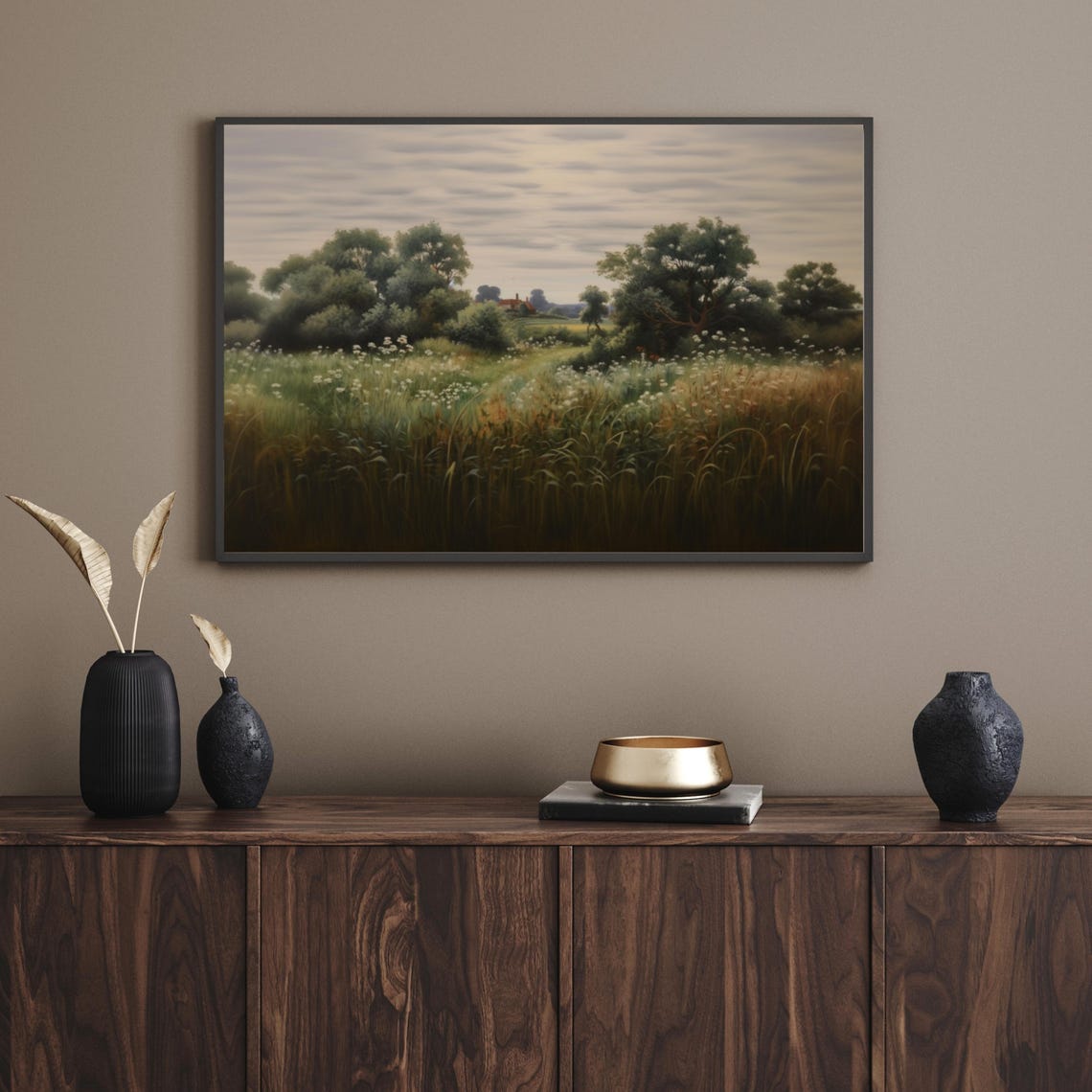 Green Meadow with Trees and Distant House Landscape Painting Poster - Image 5