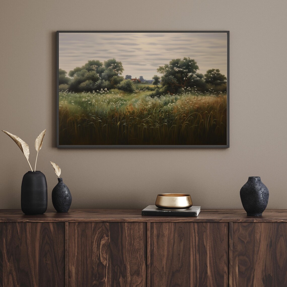 Moody Landscape Oil Painting Dark Pastoral Landscape Print Antique Scenery Home Decor Vintage Wildflower Painting 731 - Image 5
