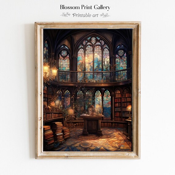Magical Gothic Library with Stained Glass Windows Painting Poster