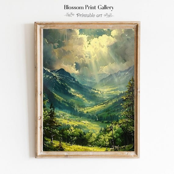 Mountains Valley Landscape Sunlit Serenity Art Print Rustic Landscape Poster Cabin Decor Springfield 967