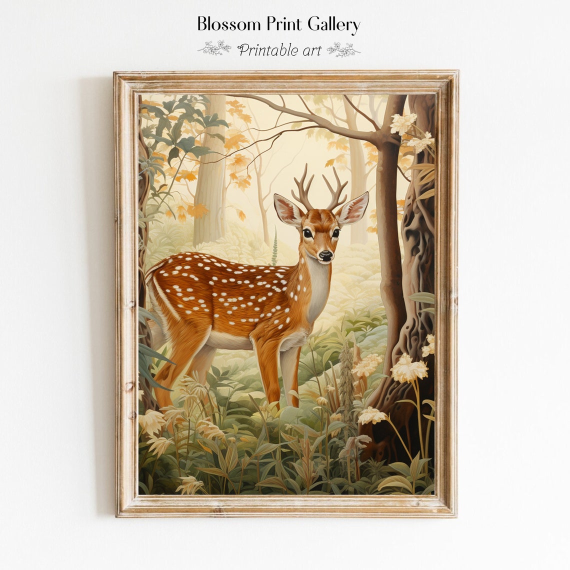 Young Spotted Deer in Golden Forest Wildlife Painting Nursery Poster