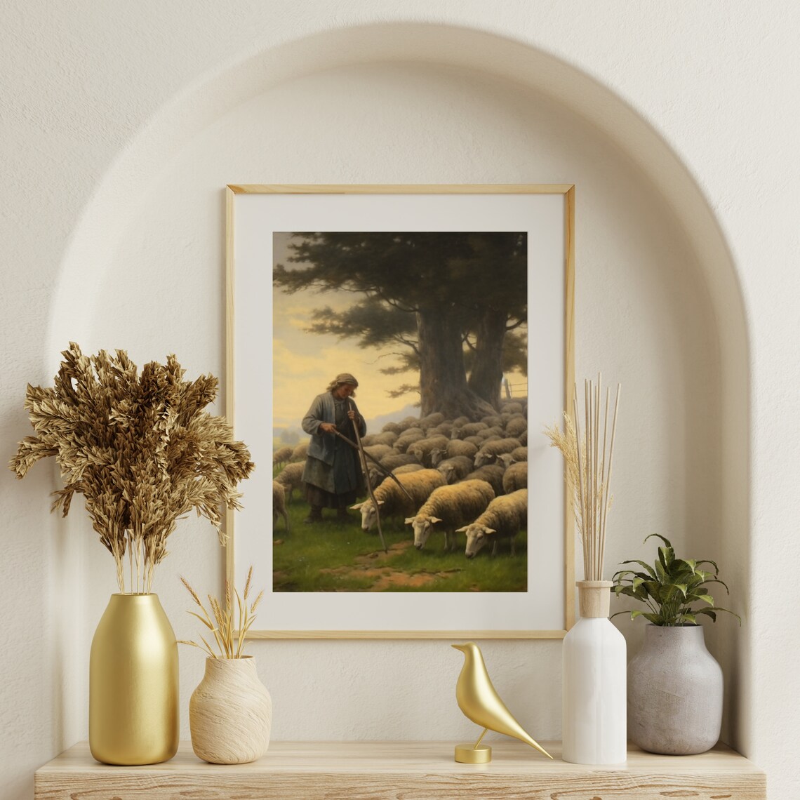 Shepherd With Sheep Flock Golden Sunset Pastoral Painting Poster - Image 6