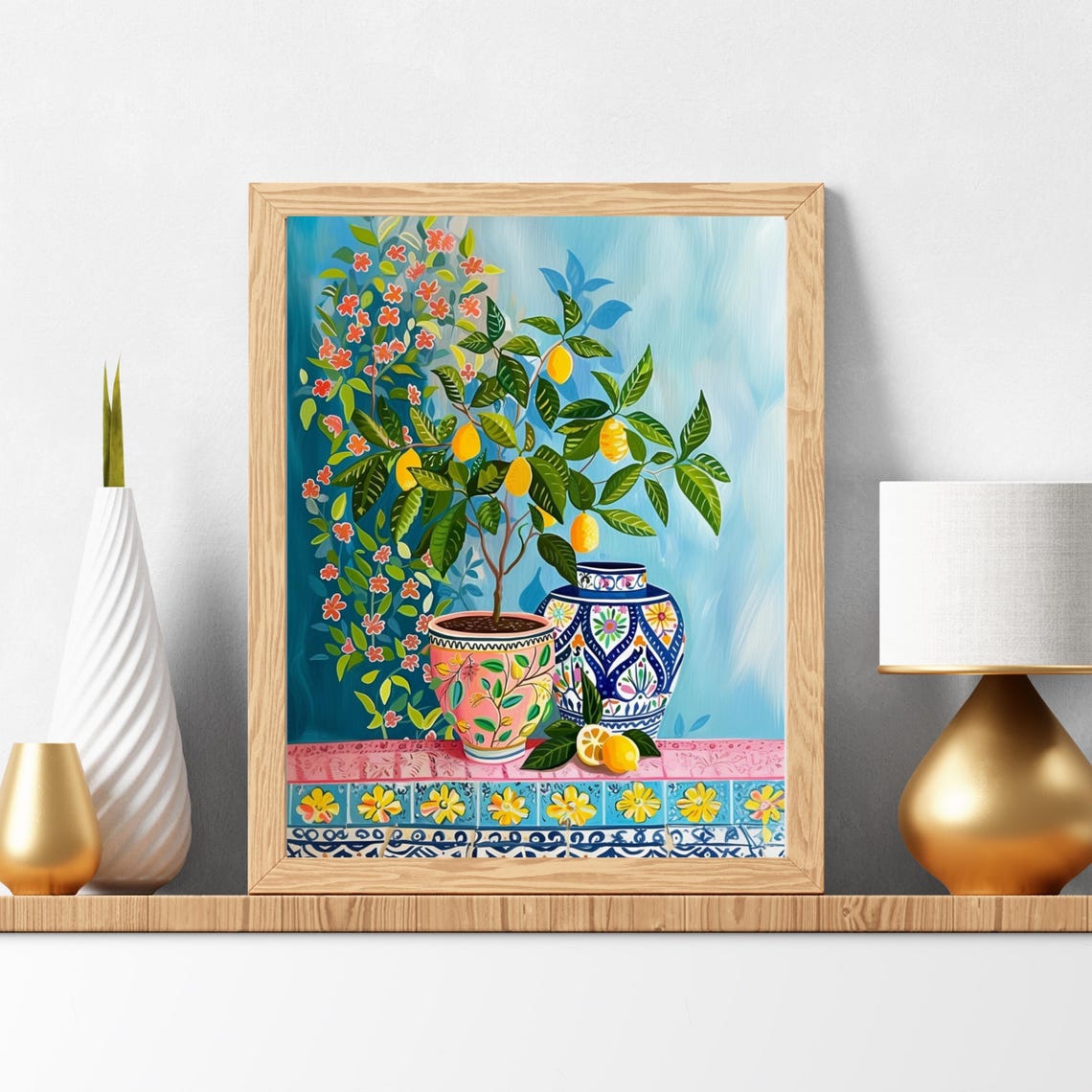 Potted Lemon Tree on Painted Tile Mediterranean Still Life Poster - Image 5