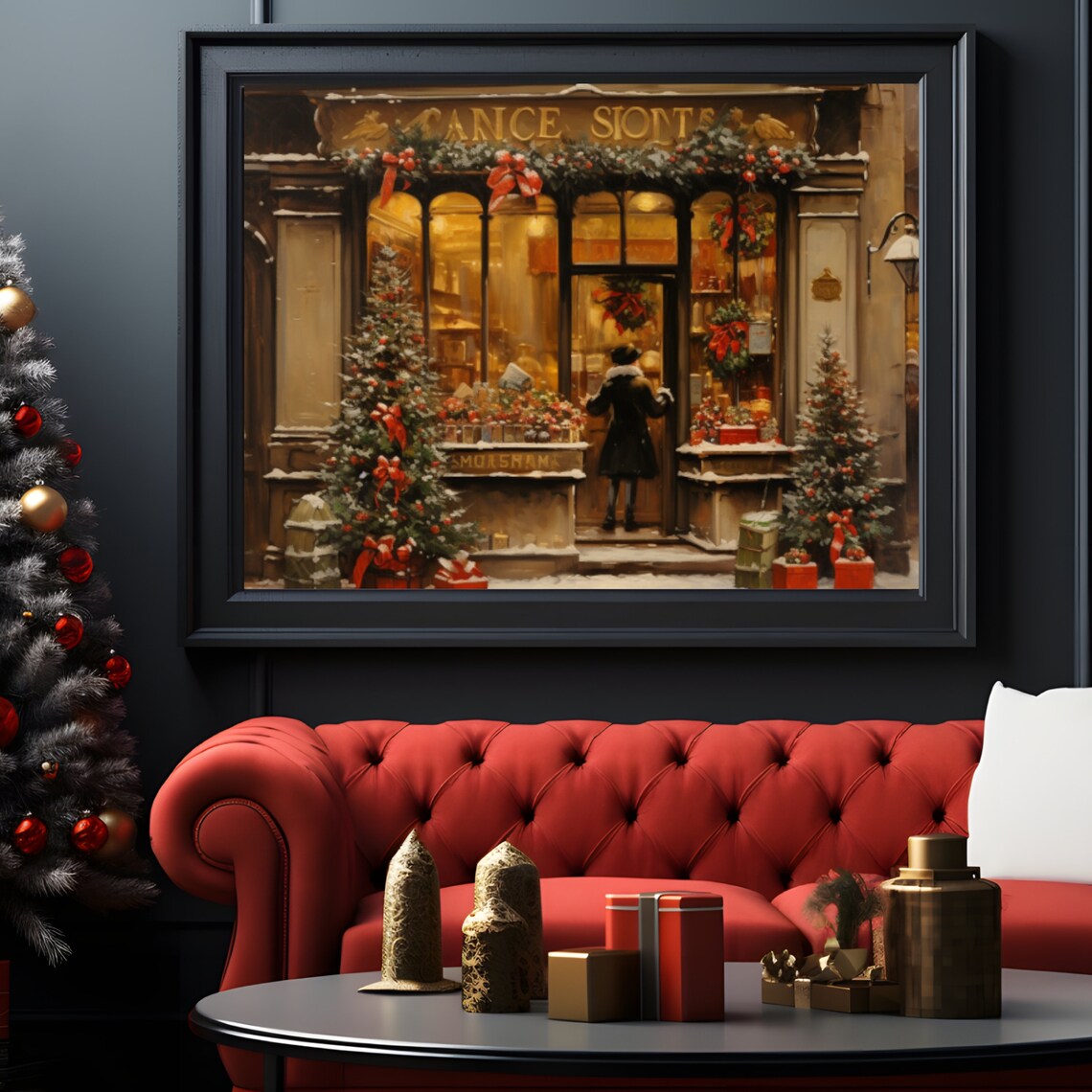 Vintage Christmas Shop Storefront Snowy Night Holiday Painting Poster - Image 5