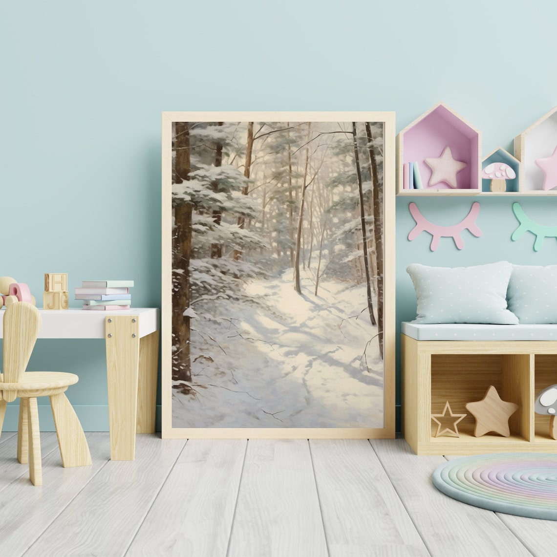 Snowy Forest Path Winter Pine Trees Snow Landscape Painting Poster - Image 4