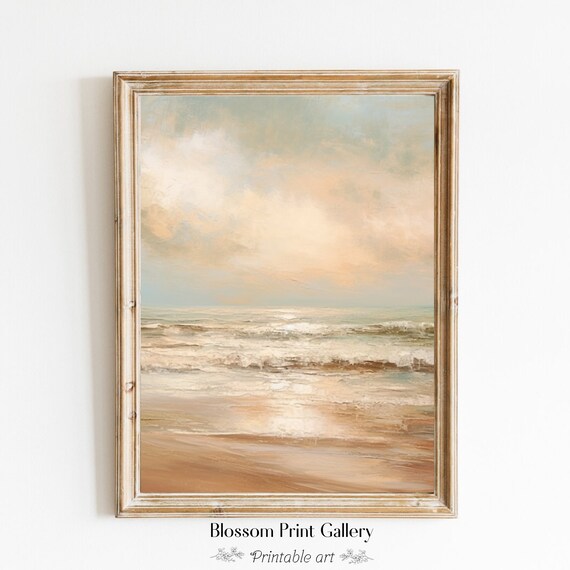 Soft Sandy Beach Waves under Cloudy Sky Coastal Painting Poster