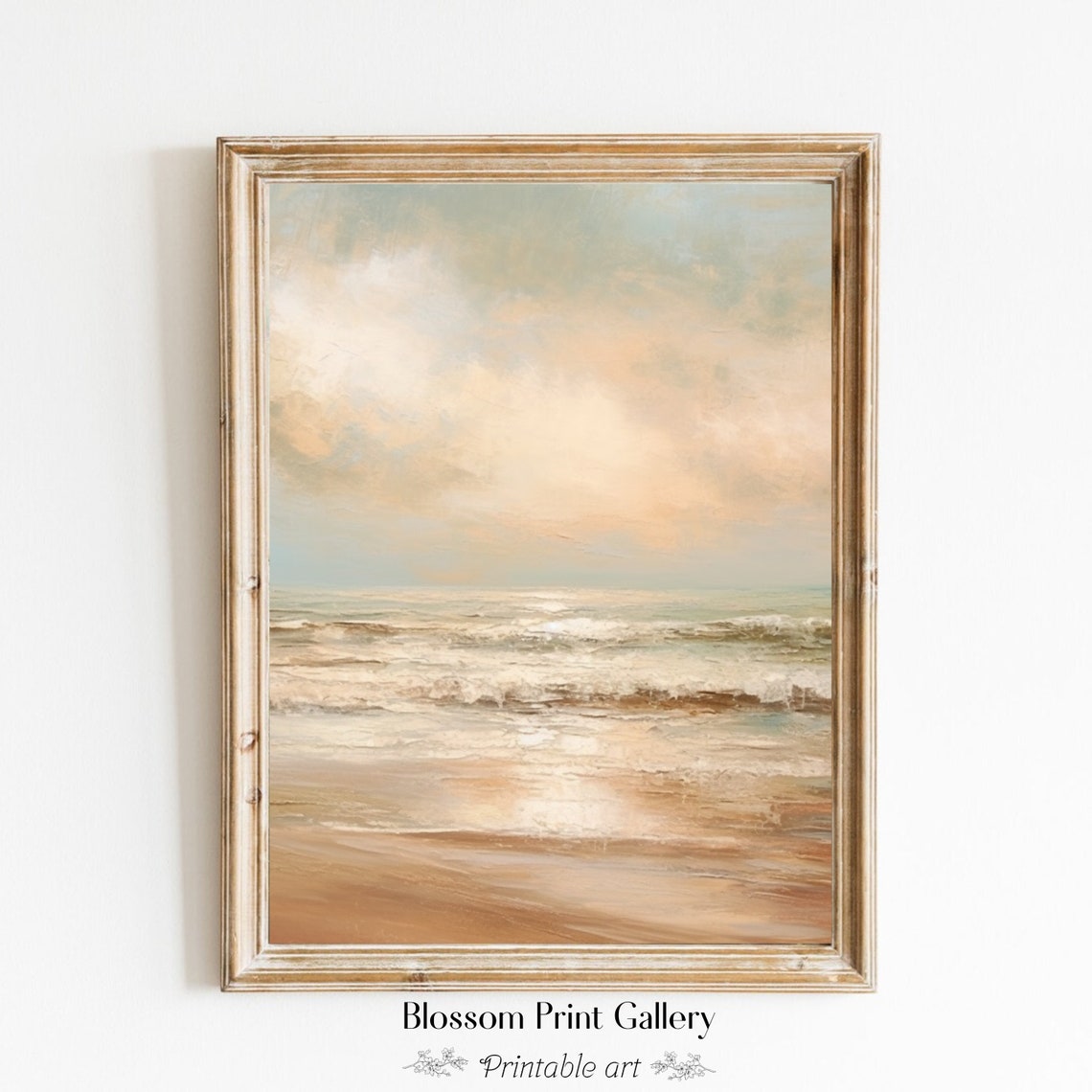 Soft Sandy Beach Waves under Cloudy Sky Coastal Painting Poster