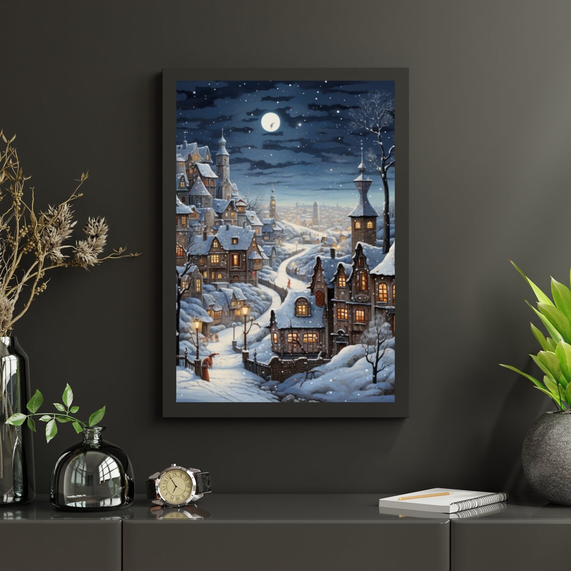 Snowy Storybook Village At Night Moonlit Winter Town Christmas Poster - Image 5