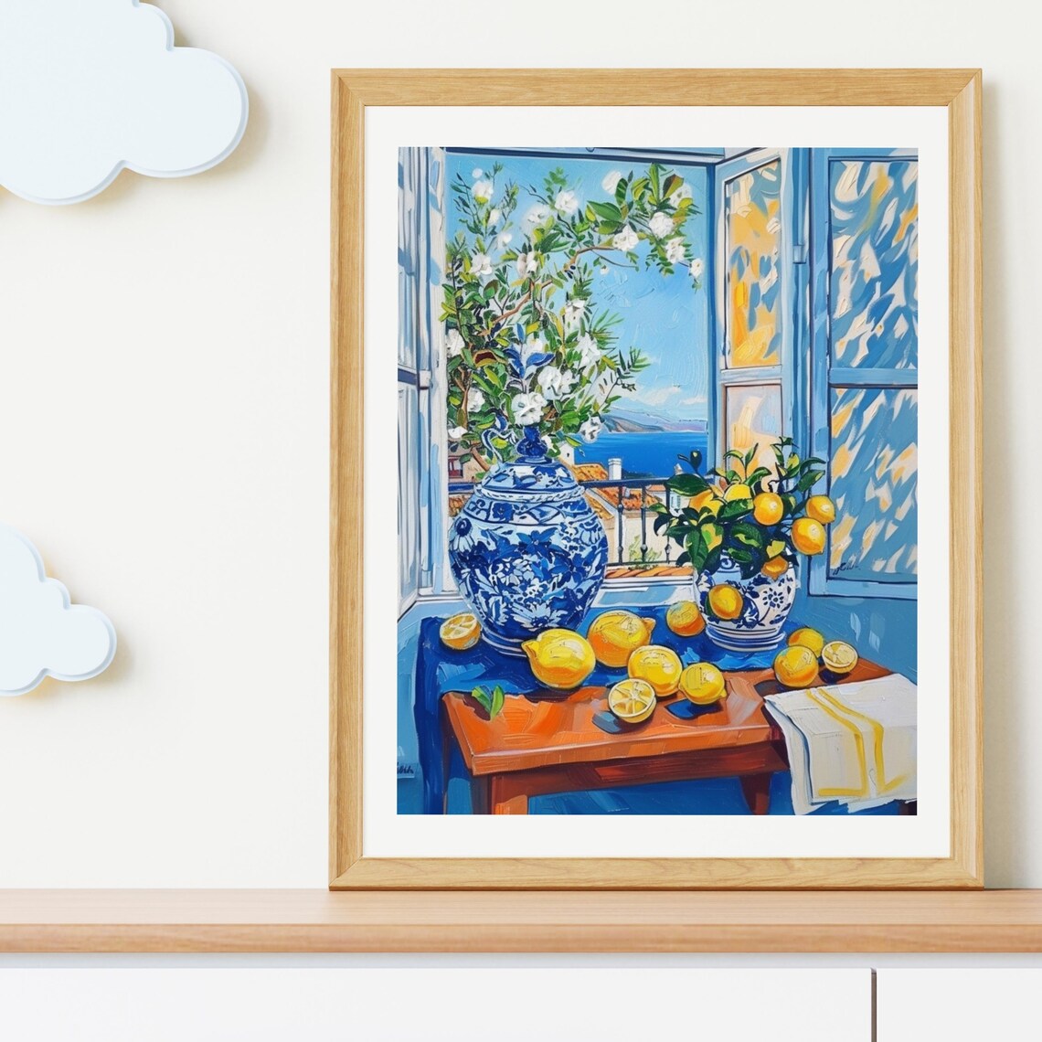 Mediterranean Window View with Lemons Blue Shutters Impressionist Poster - Image 4