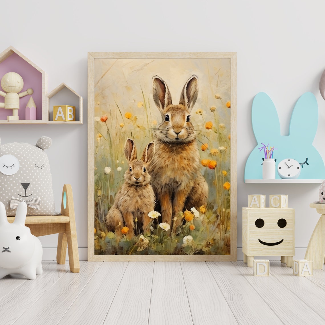 Two Hares in a Wildflower Meadow Rustic Vintage Animal Wall Art - Image 6