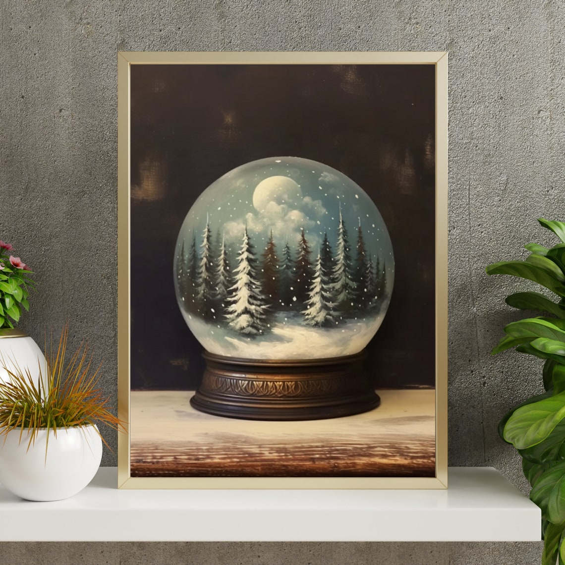 Moody Moonlit Pine Forest Christmas Snow Globe Painting Poster - Image 4