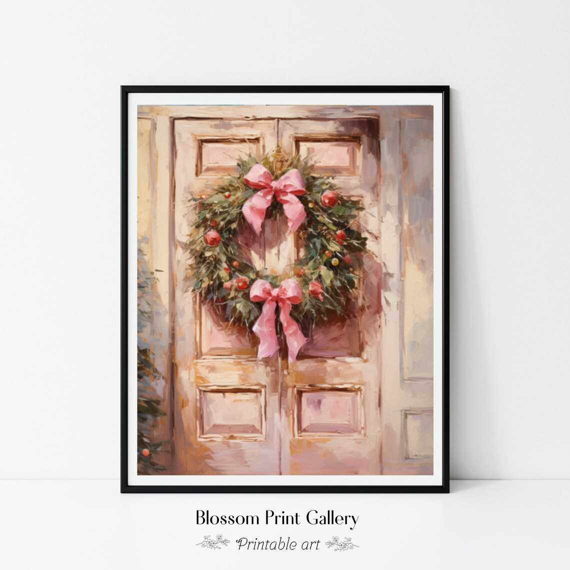 Pink Bow Christmas Wreath Vintage Door Holiday Painting Poster