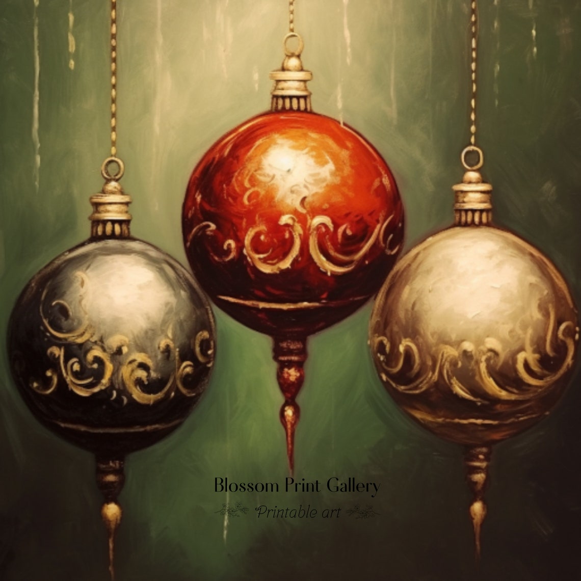 Vintage Christmas Baubles Hanging in Gold and Red Holiday Wall Art - Image 4