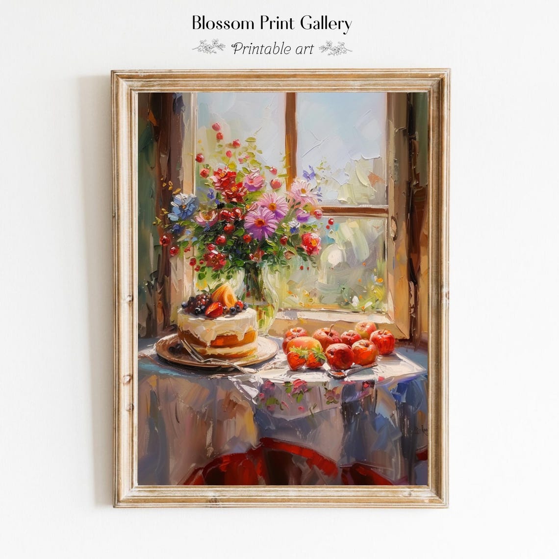 Sunlit Summer Still Life Flowers Berry Cake Window Painting Poster
