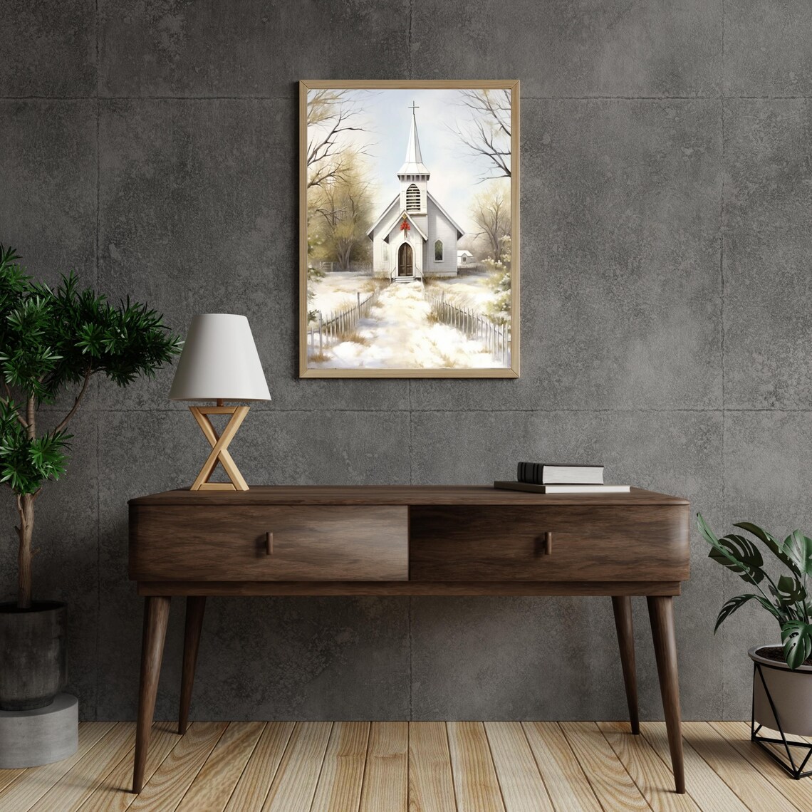 Snowy White Country Church Winter Landscape Watercolor Poster - Image 6