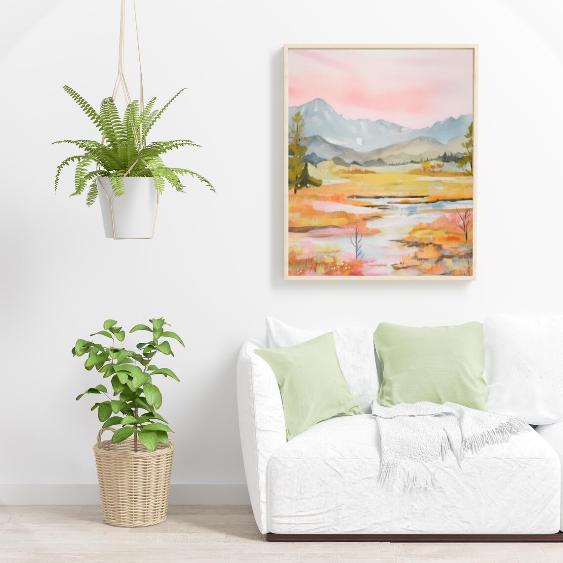 Pastel Mountain Valley with Pink Sky and Golden Meadow Landscape Poster - Image 6