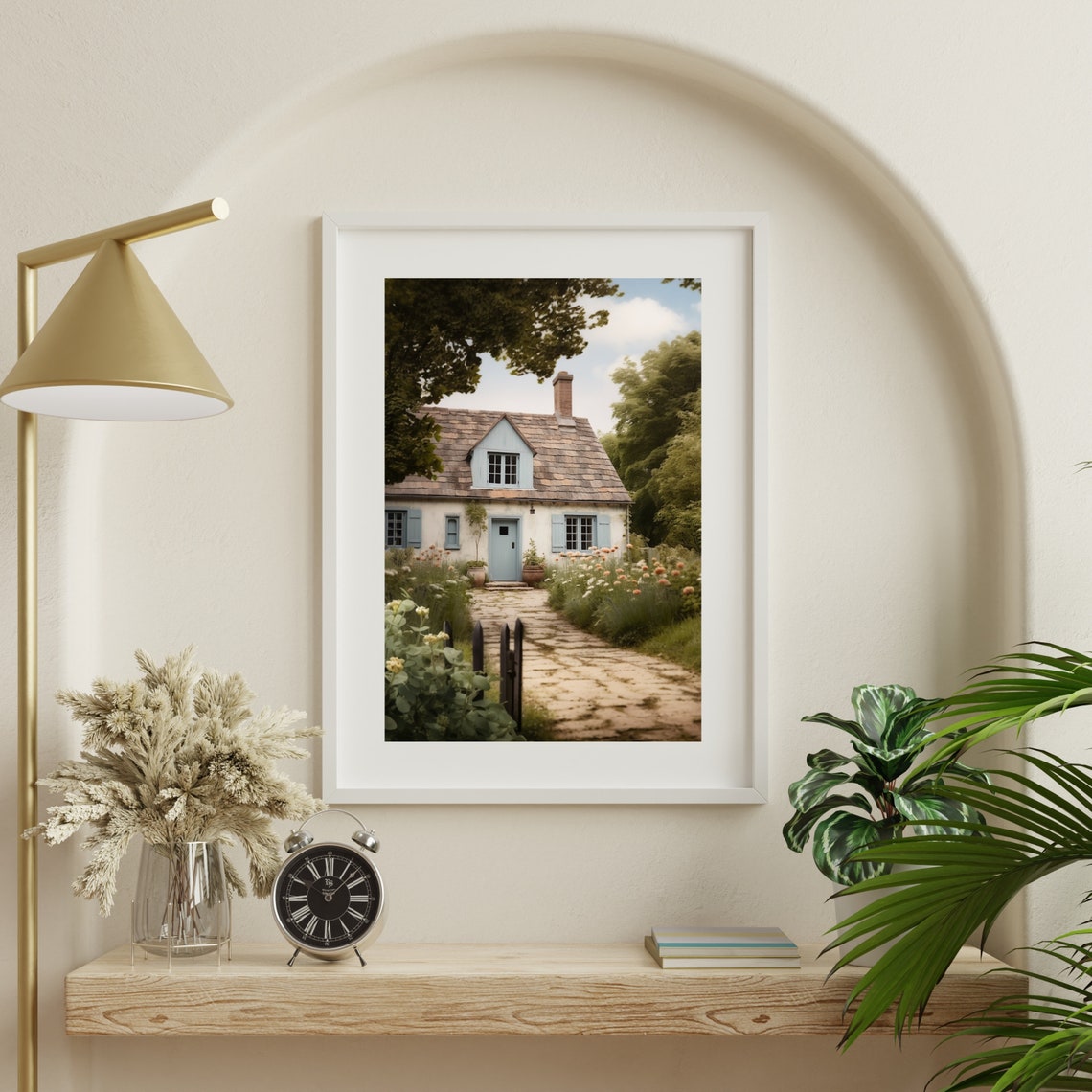 Whitewashed Cottage With Blue Shutters And A Flower Garden Path Print - Image 6