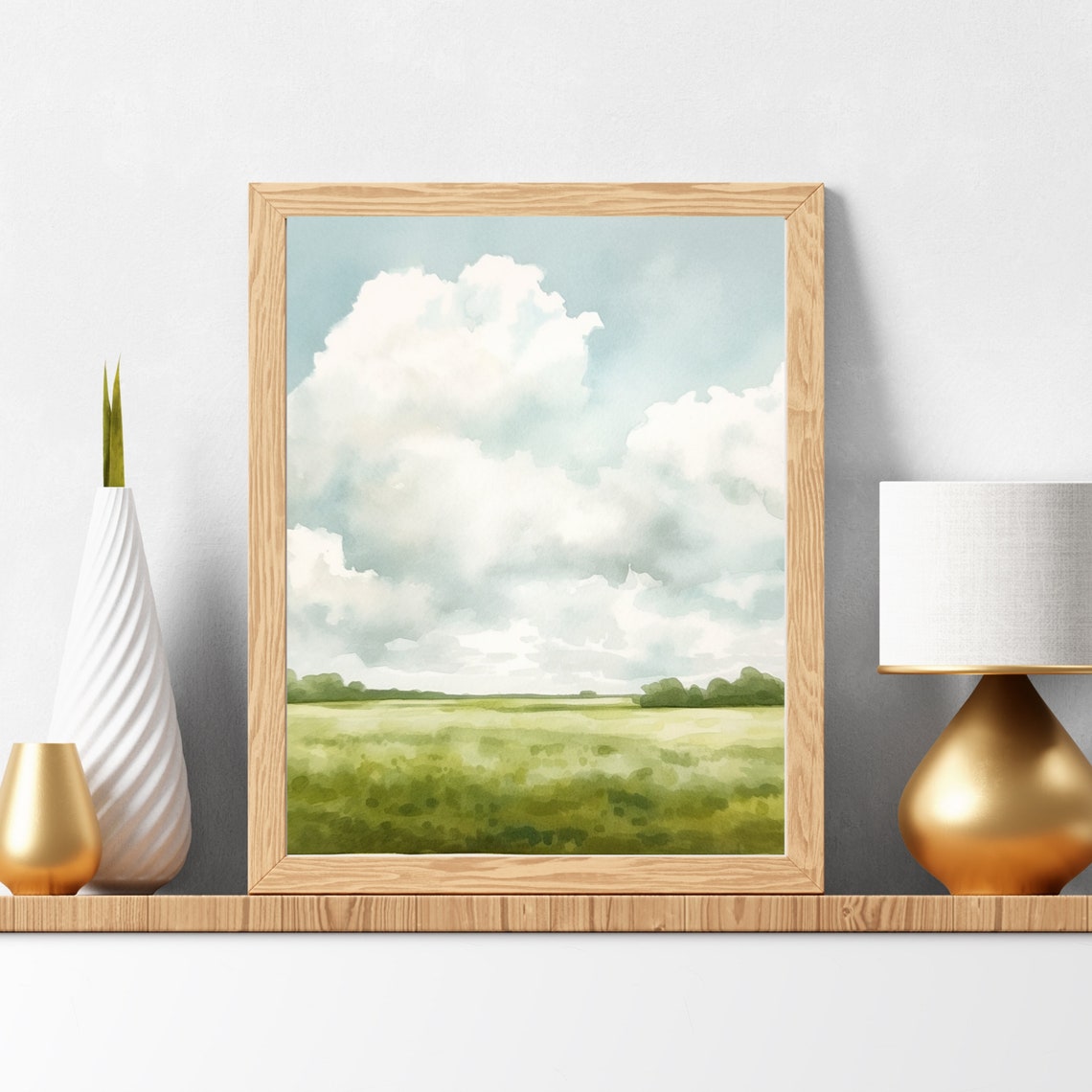 Green Field Under Big Clouds Watercolor Sky Landscape Poster - Image 6
