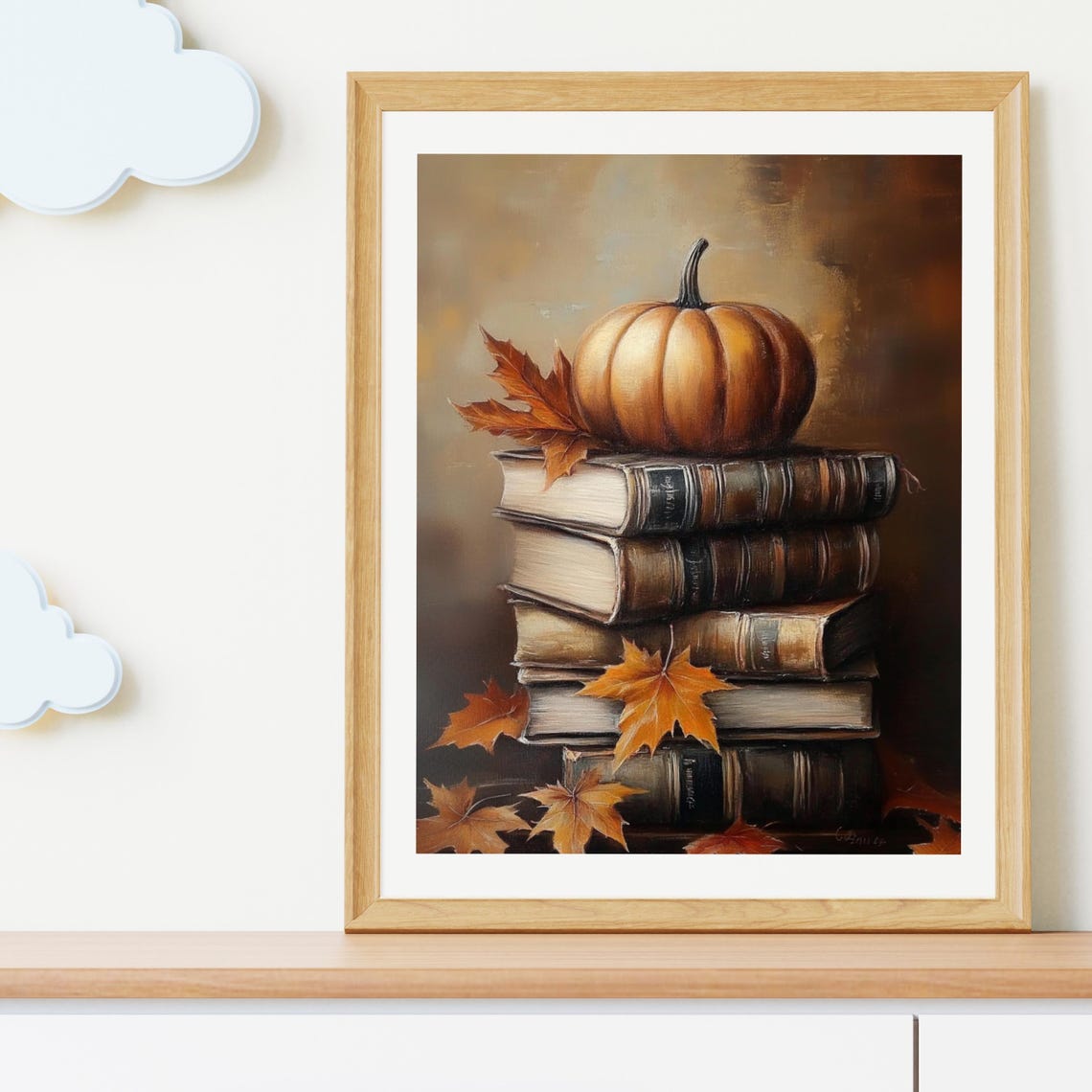 Pumpkin on a Stack of Books with Maple Leaves Autumn Fall Poster - Image 3