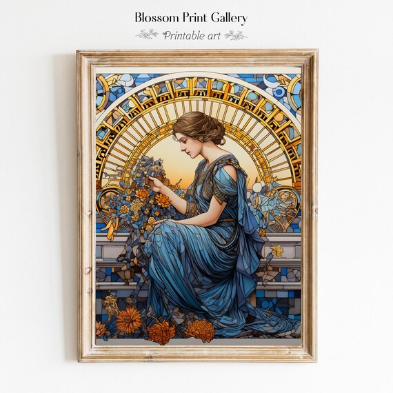 Art Nouveau Stained Glass Woman with Marigolds Painting Poster