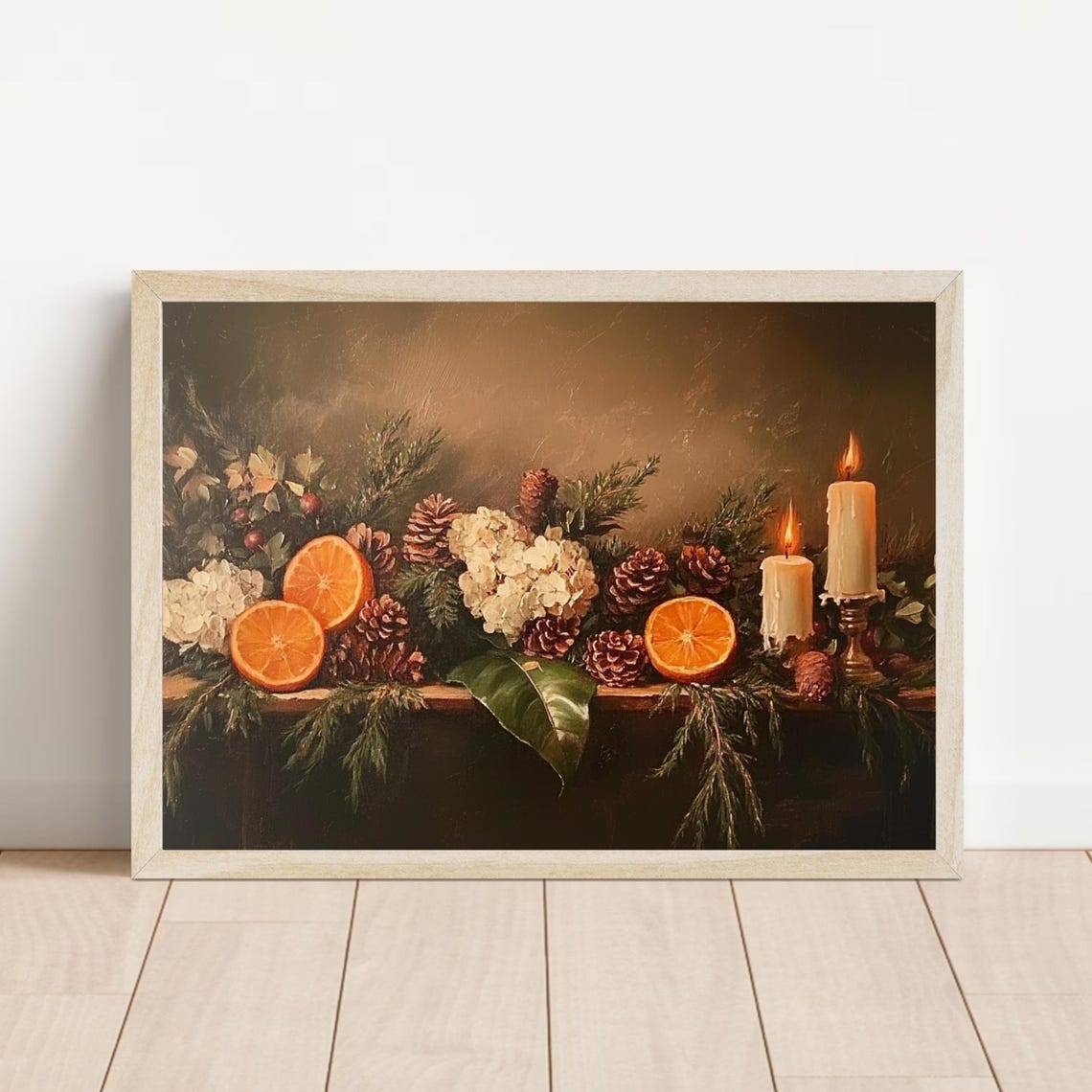 Holiday Oranges Pinecones Candles Festive Still Life Painting Poster - Image 3