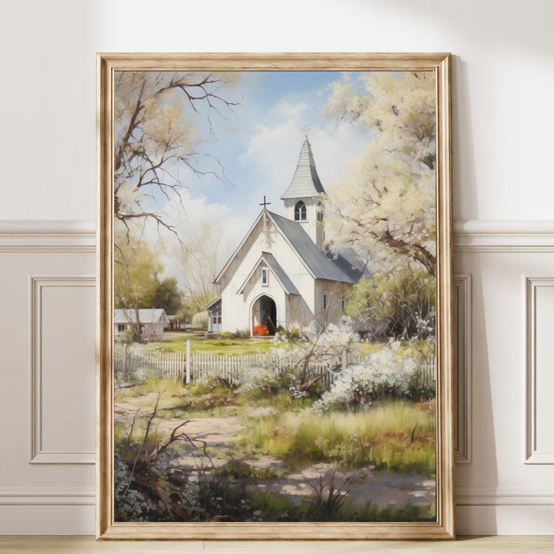 Vintage Church Print Spring Landscape Oil Painting Farmhouse Decor Living Room Wall Art Country Scenery 438 - Image 6
