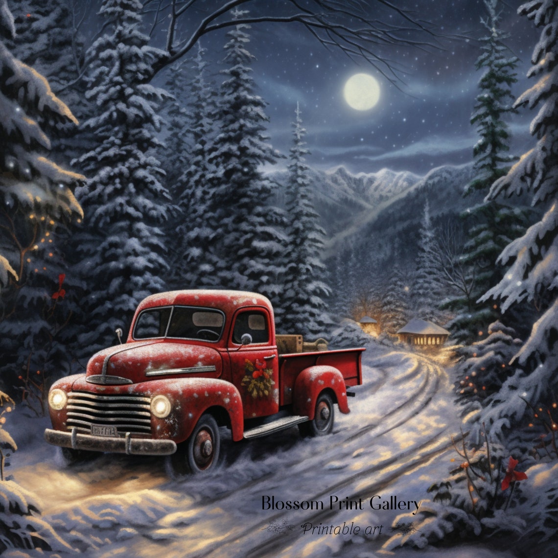 Vintage Red Truck on Moonlit Snowy Forest Road Painting Poster - Image 3