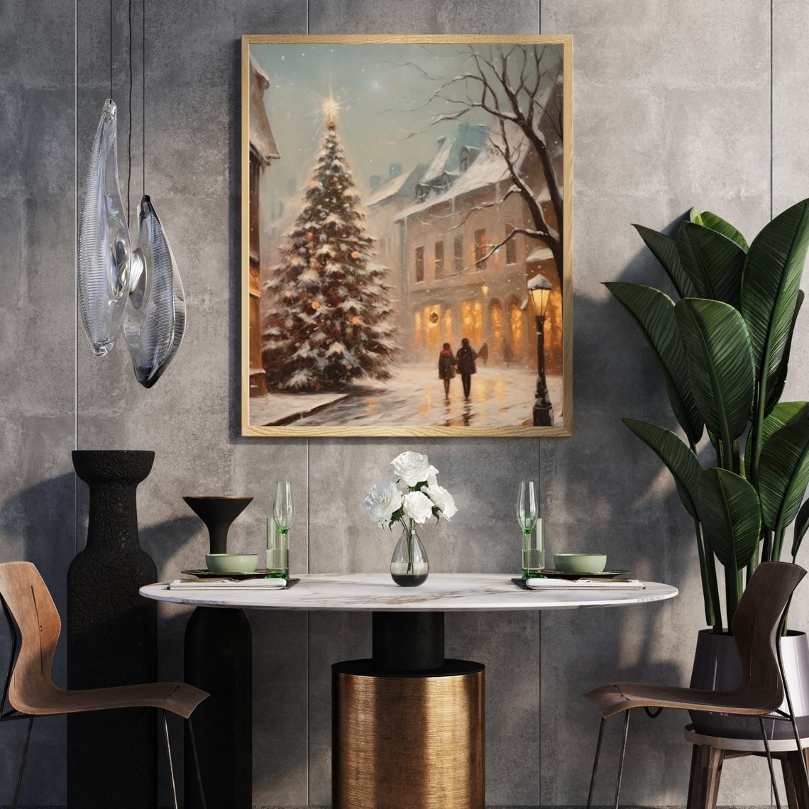Vintage Christmas Wall Art City Street Painting Festive Holiday Home Decor Snowy Town Artwork Winter Street 185 - Image 5