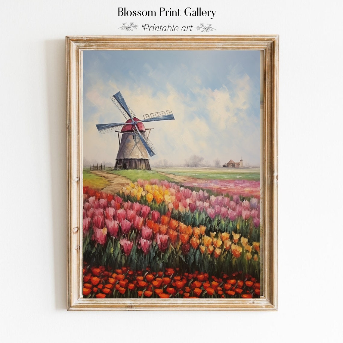 Dutch Windmill among Colorful Tulip Fields Spring Painting Poster