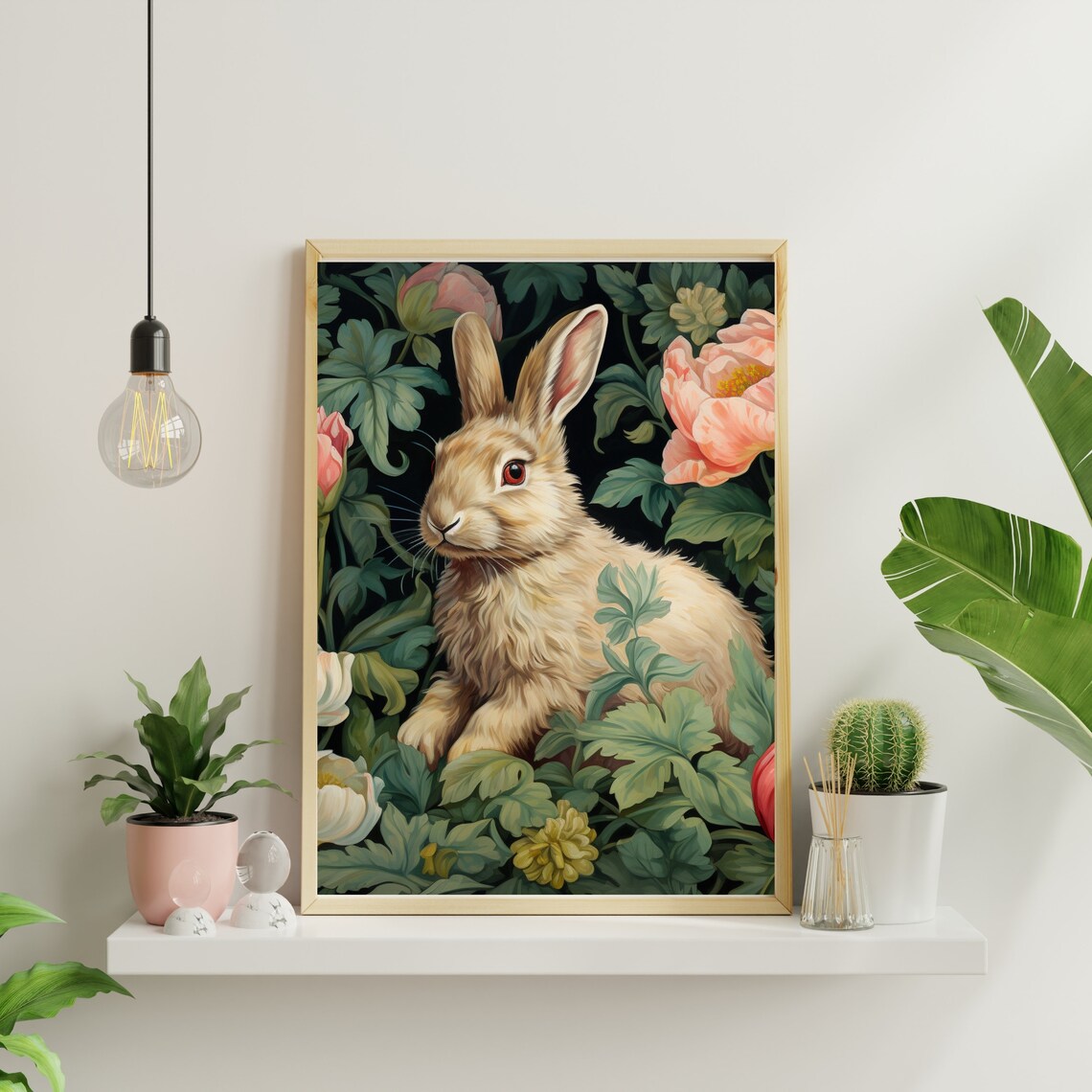 Rabbit in a Vintage Peony Garden Painting Morris Style Poster - Image 2