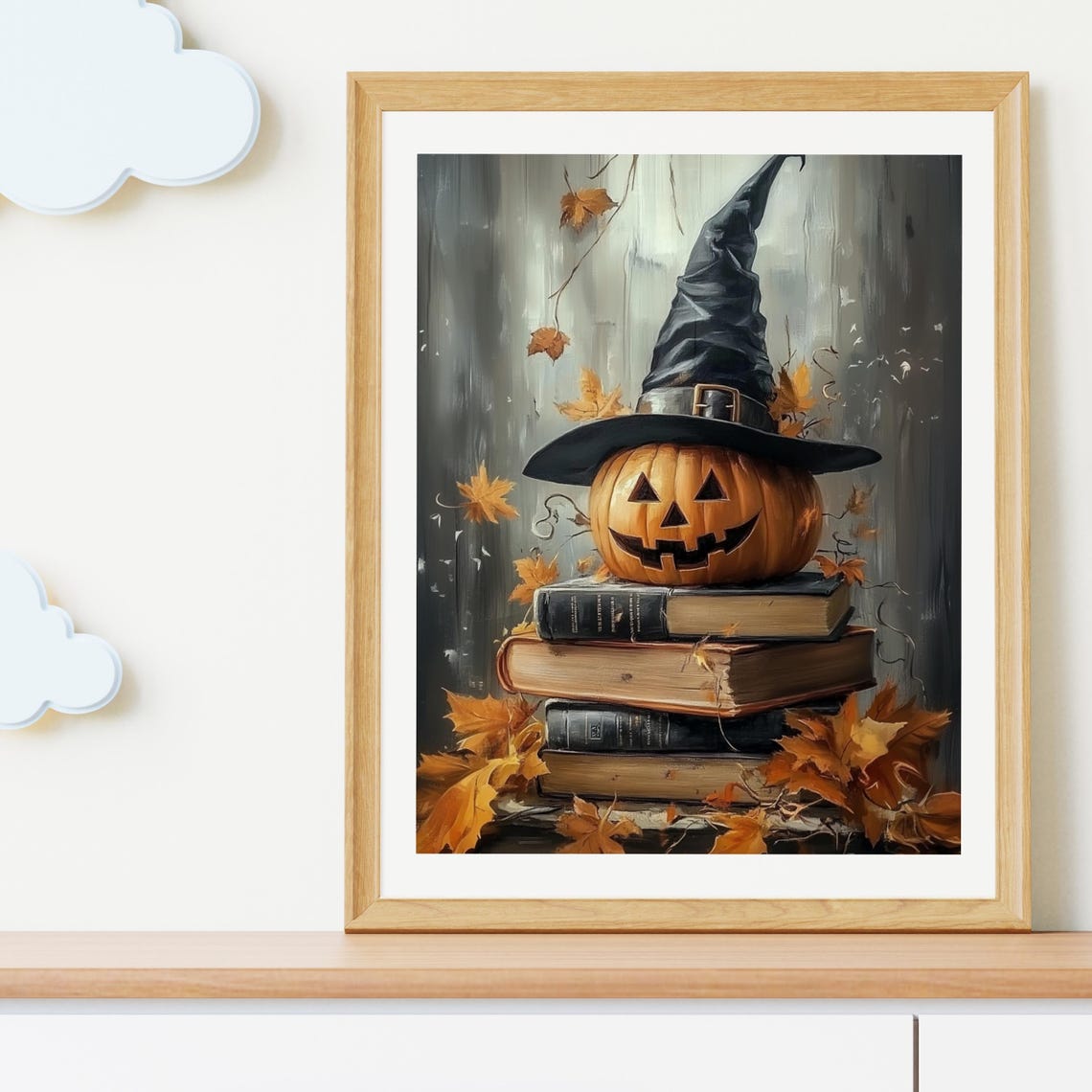 Jack-O-Lantern with Witch Hat on Books Halloween Painting Poster - Image 2