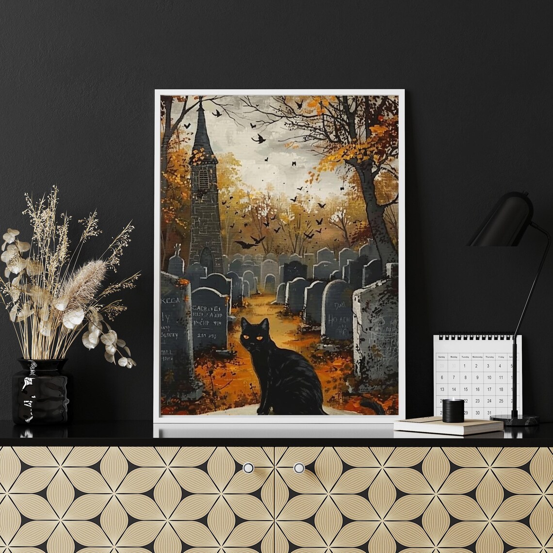 Black Cat In Autumn Graveyard With Old Church Halloween Painting Poster - Image 6