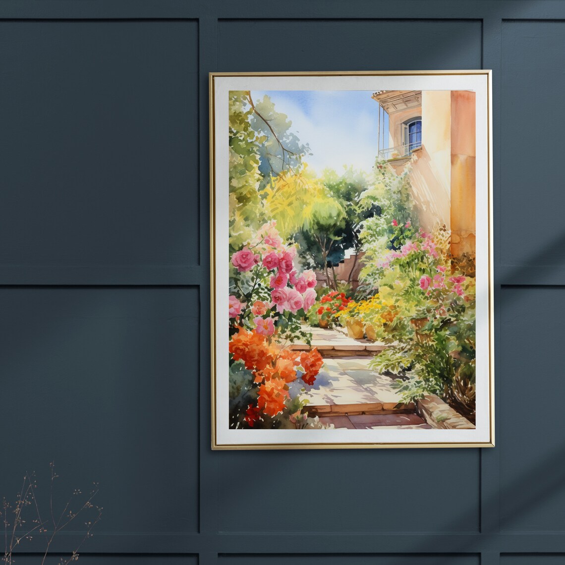 Mediterranean Watercolor Rose Garden Path Sunny Villa Landscape Poster - Image 4