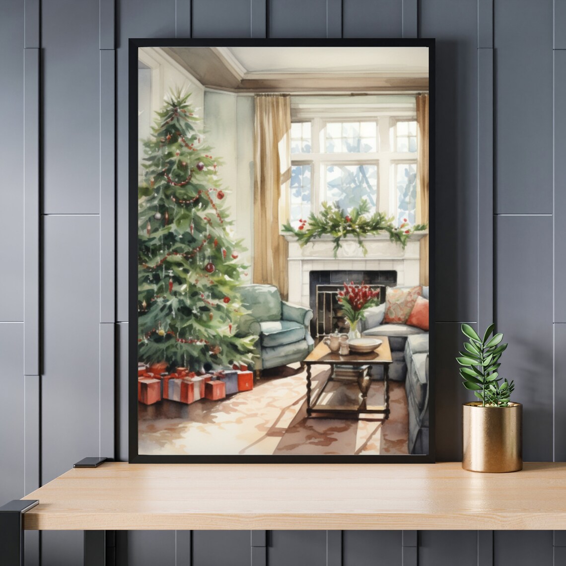 Cozy Christmas Living Room With Tree Fireplace Watercolor Poster - Image 5