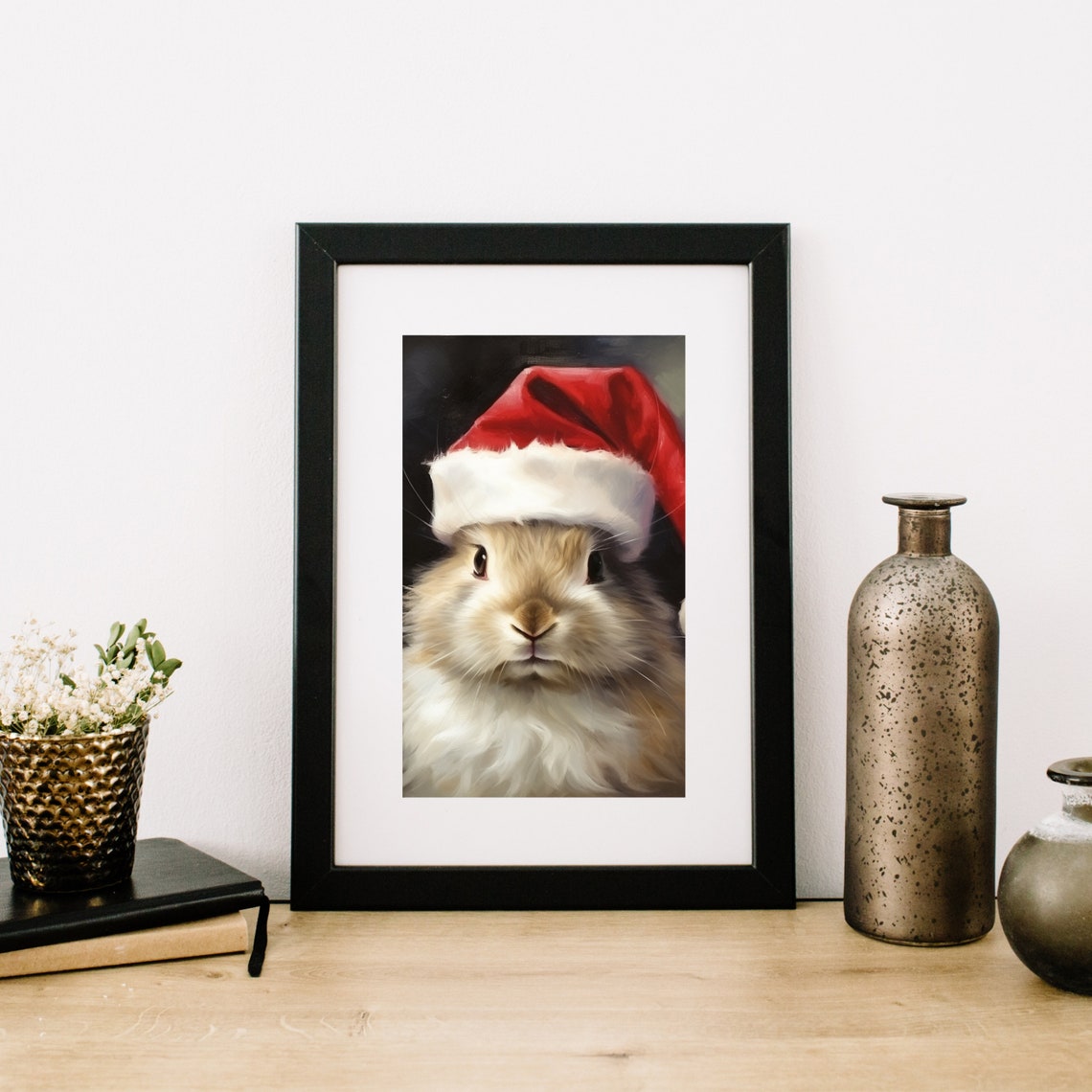 Cute Bunny in Santa Hat Christmas Animal Portrait Painting Poster - Image 4