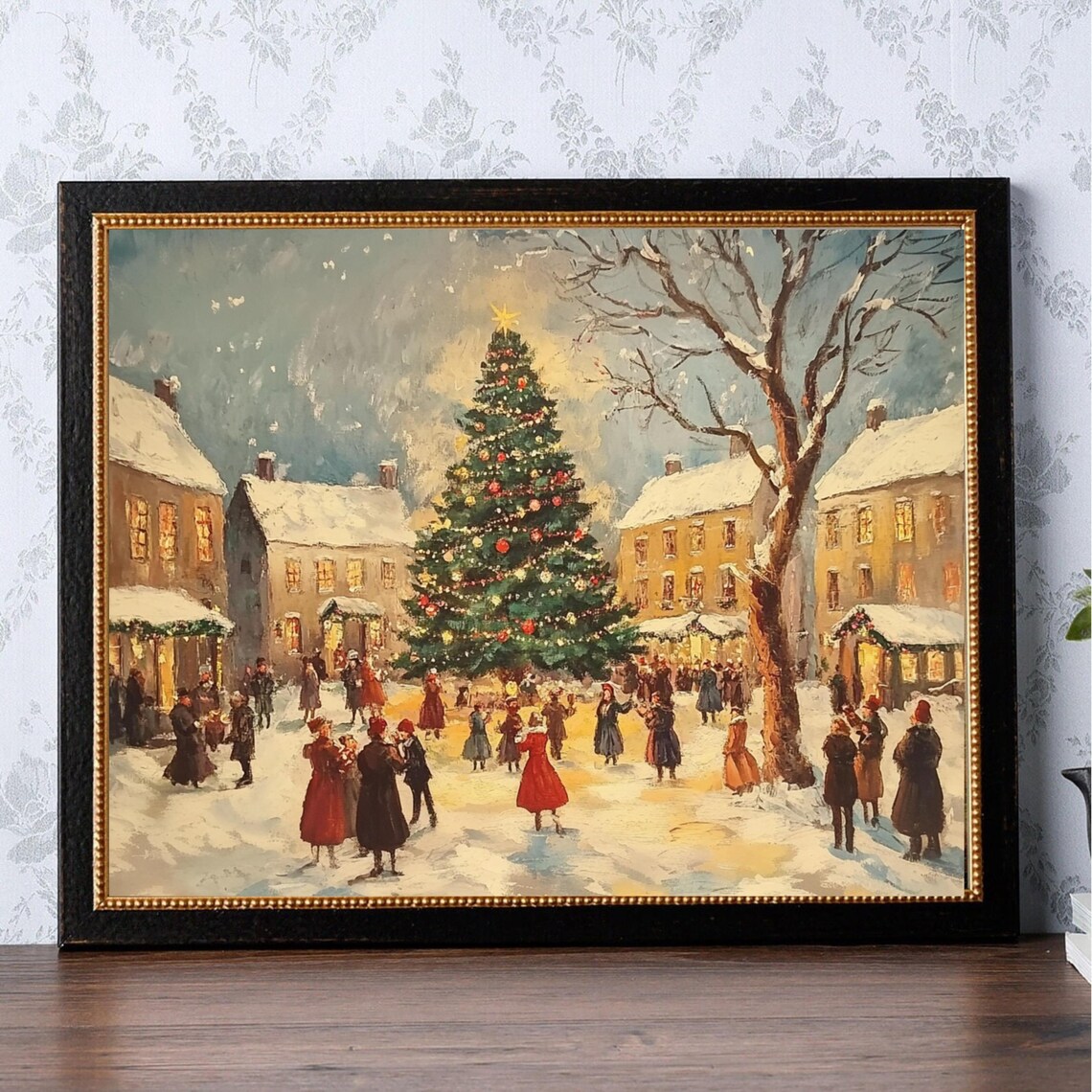 Vintage Village Christmas Tree Gathering Snowy Night Painting Poster - Image 4