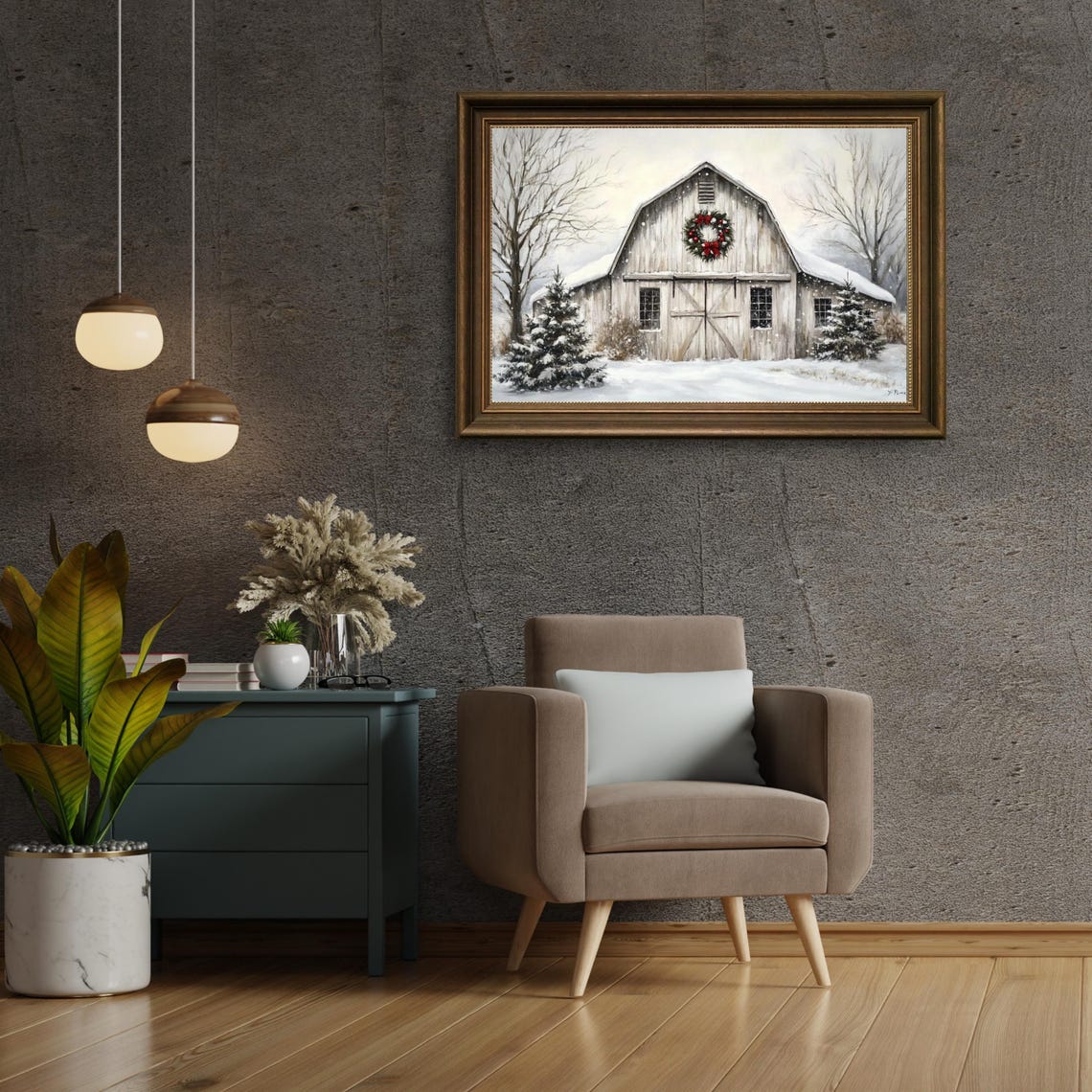 Snowy White Barn Christmas Wreath Winter Farm Painting Poster - Image 6