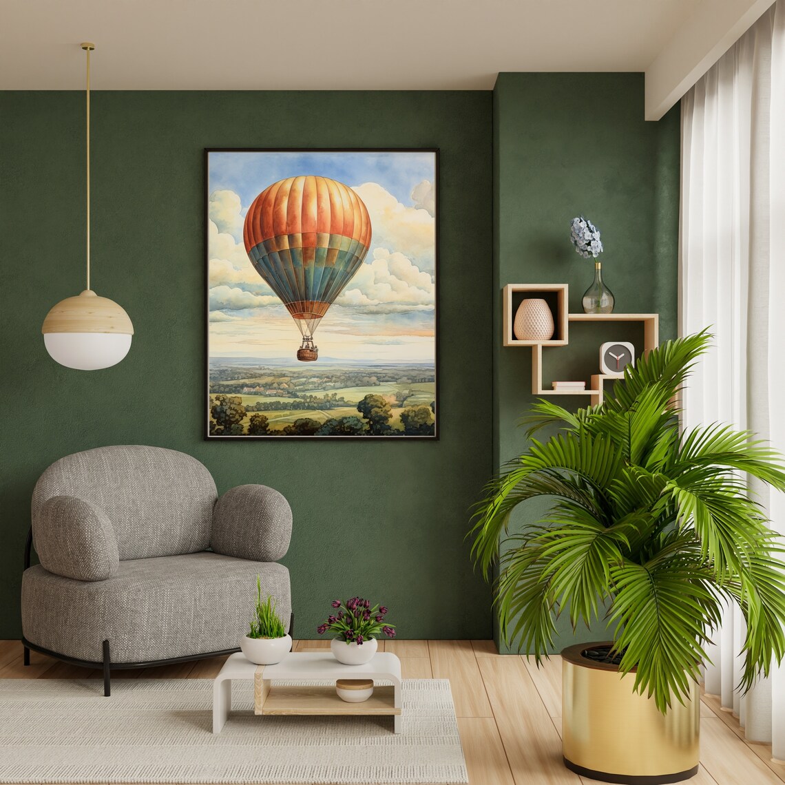 Vintage Hot Air Balloon Floating Over Countryside Painting Poster - Image 4