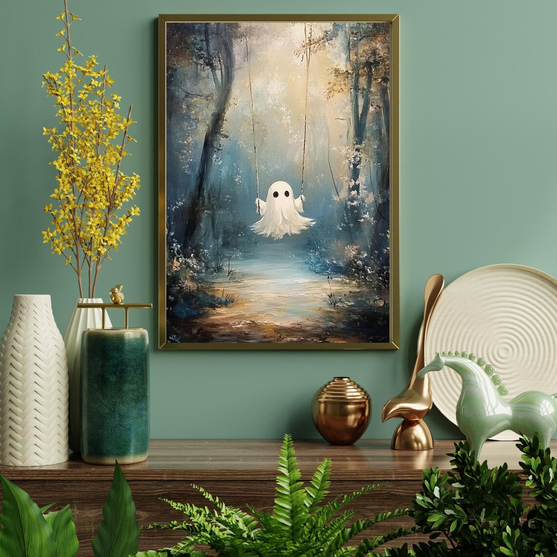 Cute Ghost On A Swing In A Misty Blue Forest Halloween Poster - Image 2