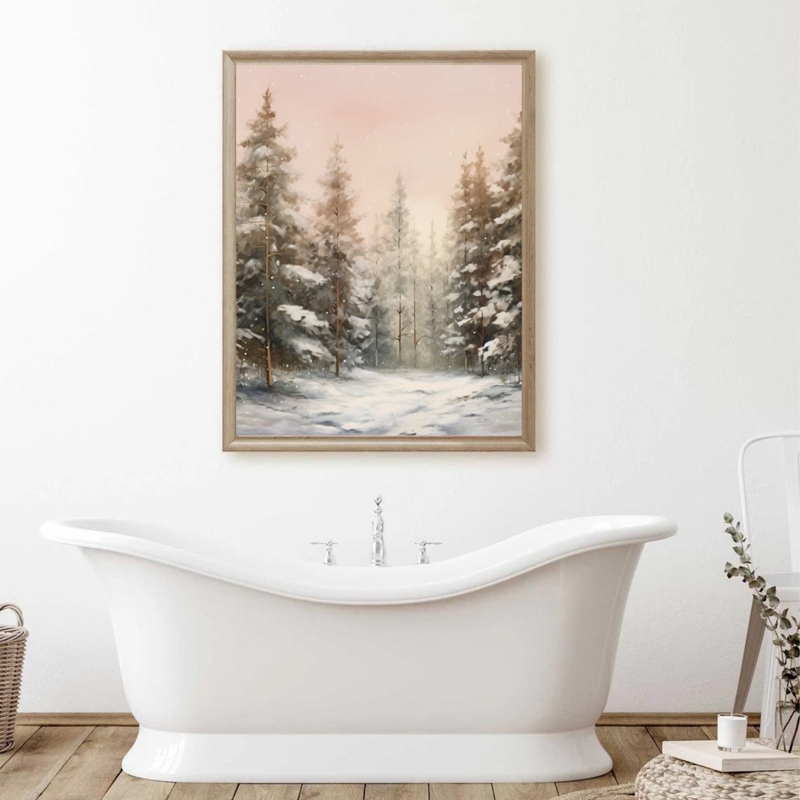 Blush Pink Winter Pine Forest Snowy Landscape Painting Poster - Image 6