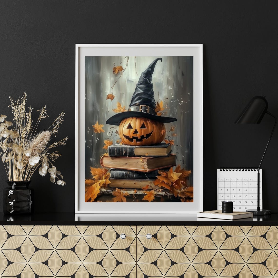 Jack-O-Lantern with Witch Hat on Books Halloween Painting Poster - Image 6