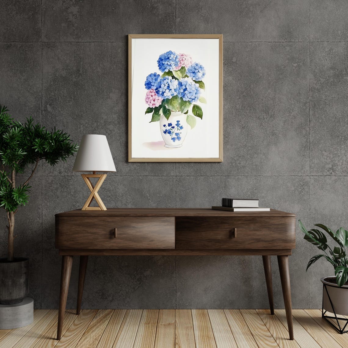 Blue And Pink Hydrangeas White Vase Watercolor Floral Poster - Image 3