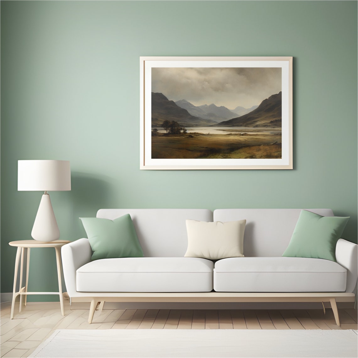 Moody Misty Mountain Lake Valley View In Muted Earth Tones Print - Image 5